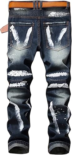 Enrica Men's Ripped Straight Slim Moto Biker Jeans