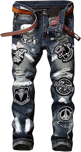 Enrica Men's Ripped Straight Slim Moto Biker Jeans